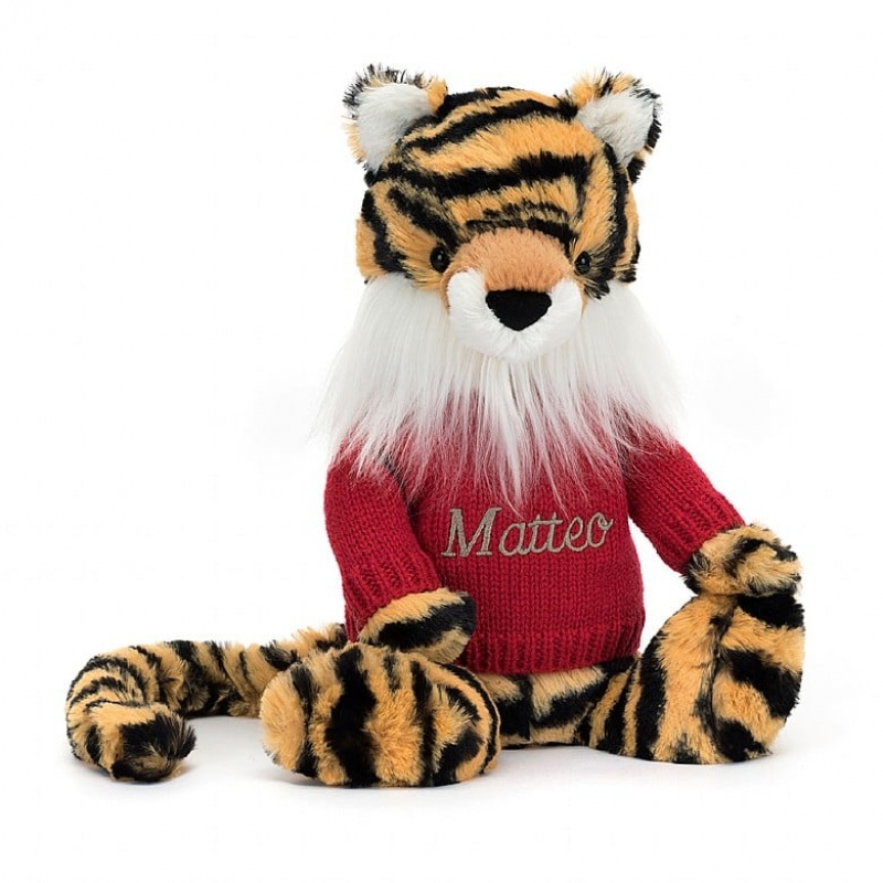 Jellycat Bashful Tiger with Personalised Red Jumper Medium | 472358-MCI