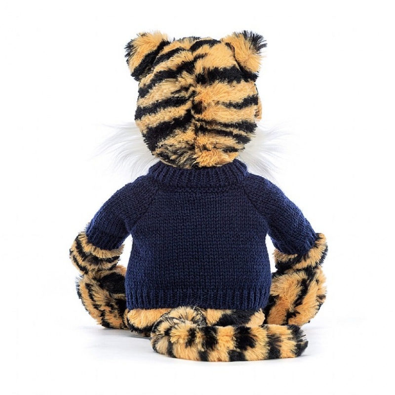 Jellycat Bashful Tiger with Personalised Navy Jumper Medium | 078236-QLW