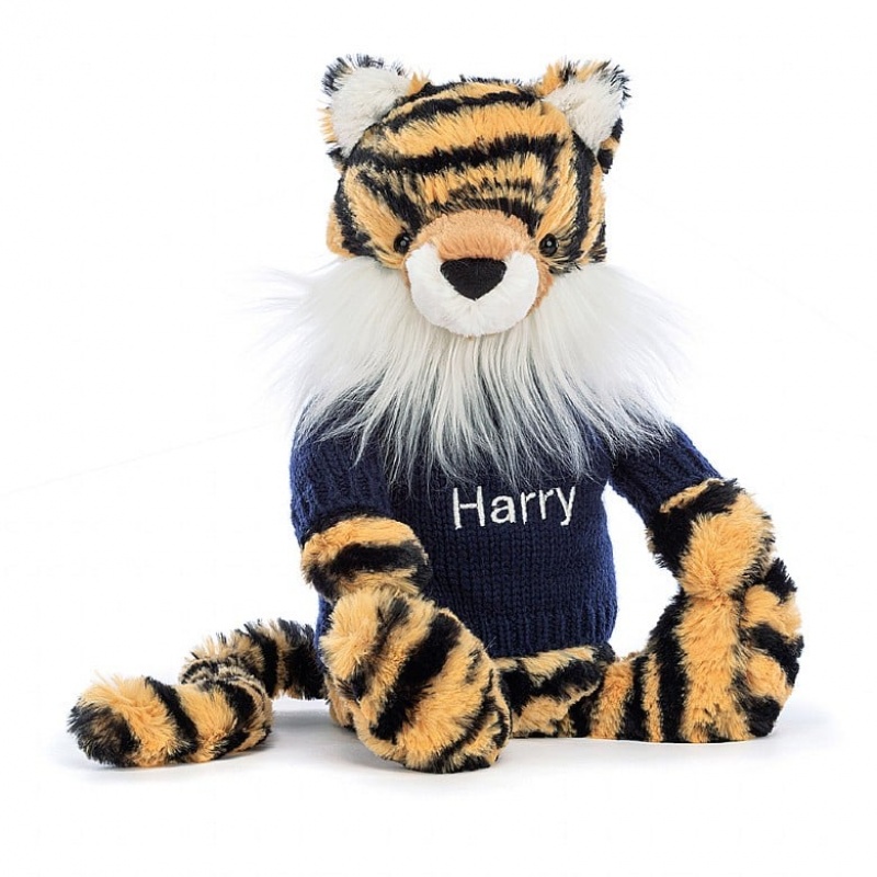 Jellycat Bashful Tiger with Personalised Navy Jumper Medium | 078236-QLW