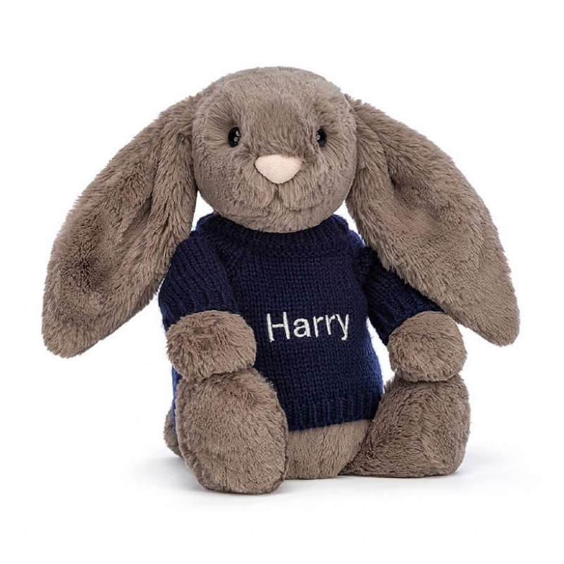 Jellycat Bashful Truffle Bunny with Personalised Navy Jumper Medium | 063847-WQA