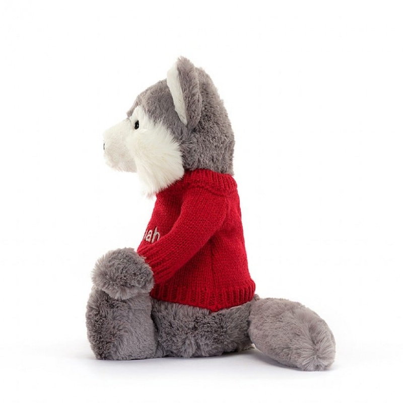 Jellycat Bashful Wolf with Personalised Red Jumper Medium | 489253-EQY