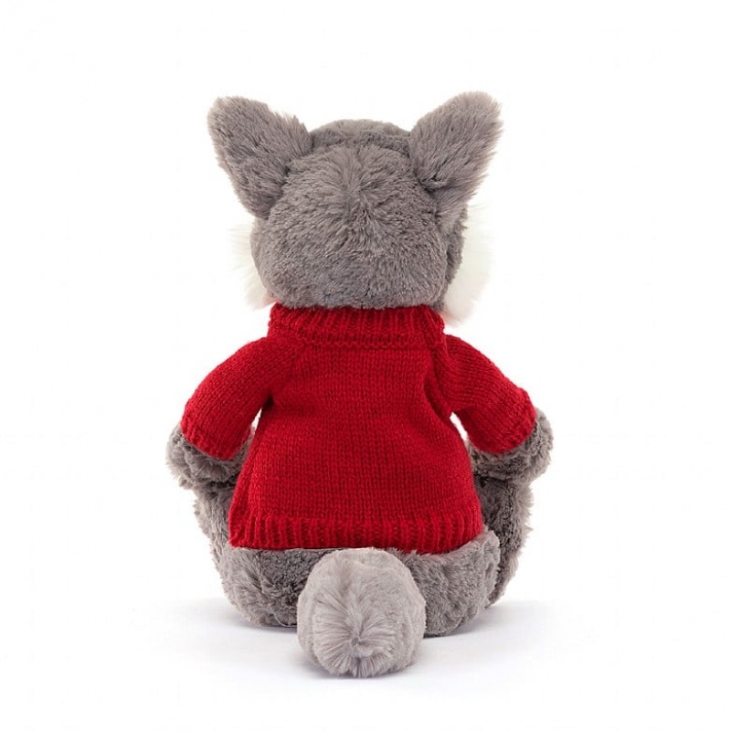 Jellycat Bashful Wolf with Personalised Red Jumper Medium | 489253-EQY