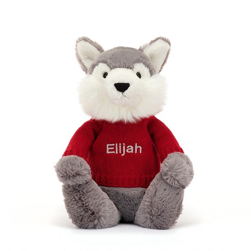 Jellycat Bashful Wolf with Personalised Red Jumper Medium | 489253-EQY