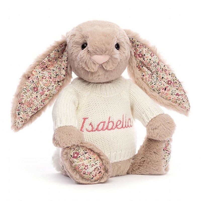 Jellycat Blossom Bea Beige Bunny with Personalised Cream Jumper Medium | 817254-OUX