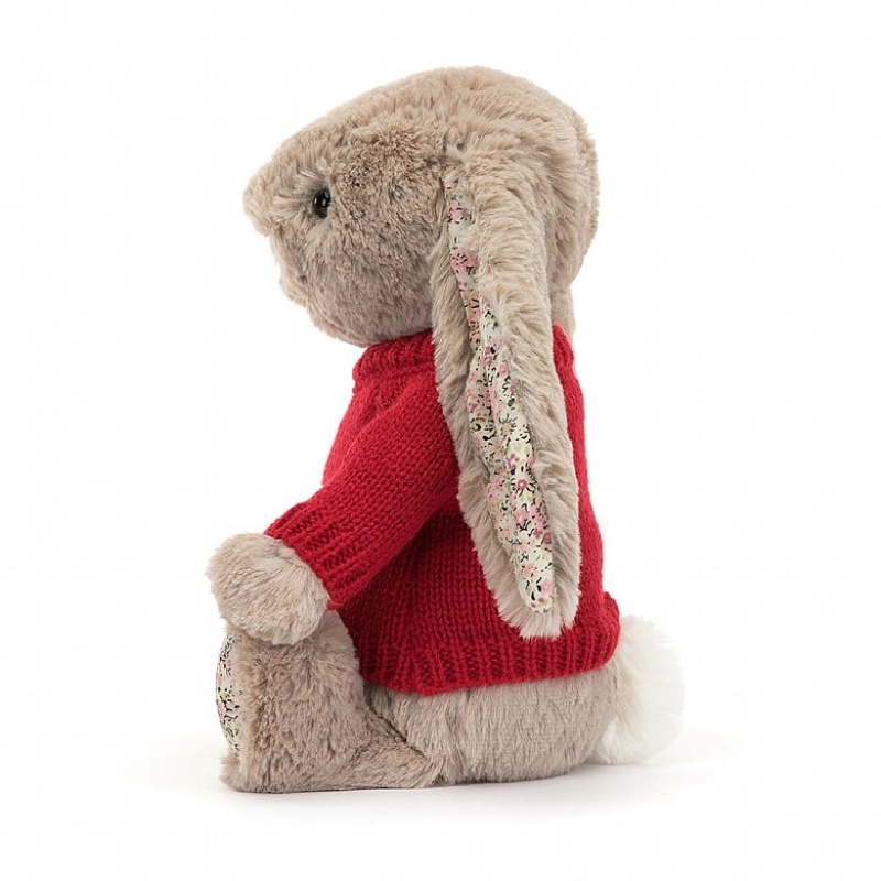 Jellycat Blossom Bea Beige Bunny with Personalised Red Jumper Medium | 285041-SYM