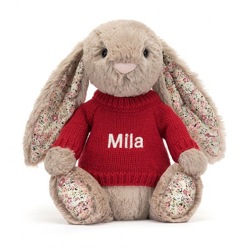 Jellycat Blossom Bea Beige Bunny with Personalised Red Jumper Medium | 285041-SYM