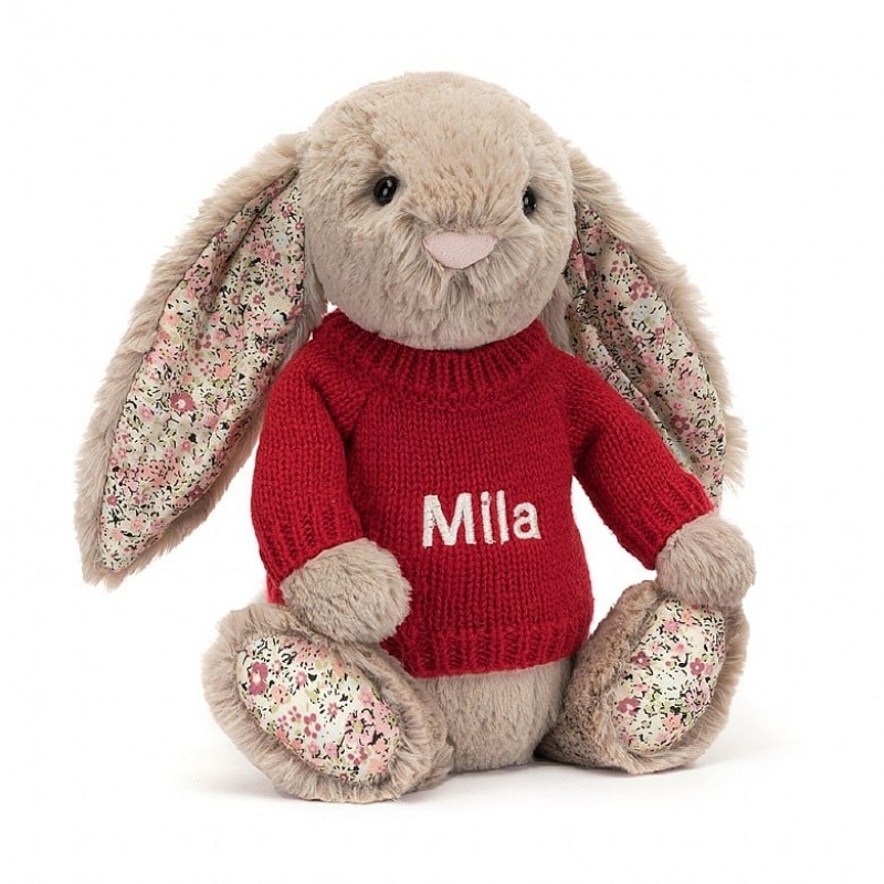 Jellycat Blossom Bea Beige Bunny with Personalised Red Jumper Medium | 285041-SYM