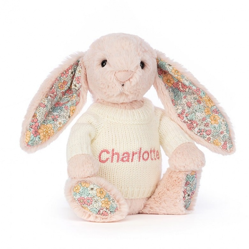 Jellycat Blossom Blush Bunny with Personalised Cream Jumper Medium | 814693-ARM