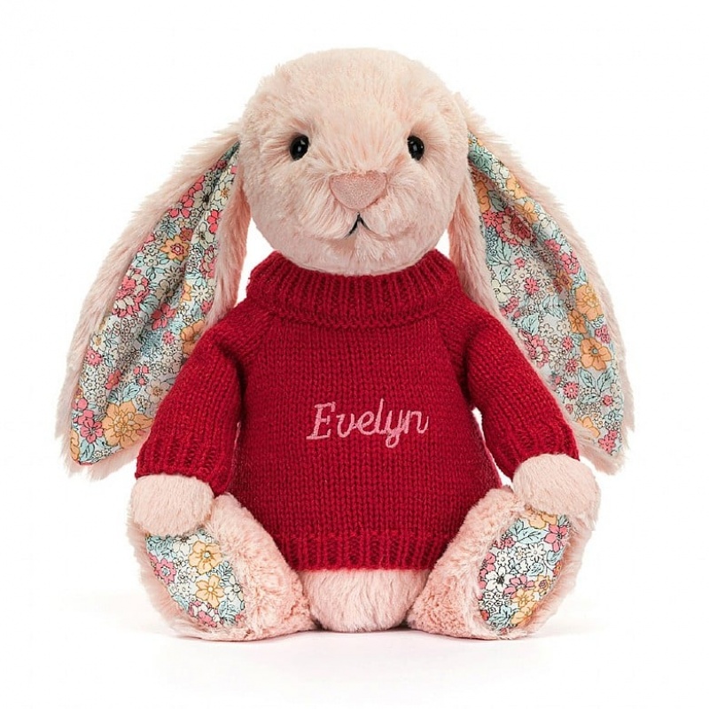 Jellycat Blossom Blush Bunny with Personalised Red Jumper Medium | 963154-VPK