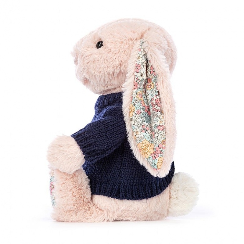 Jellycat Blossom Blush Bunny with Personalised Navy Jumper Medium | 624197-XJK