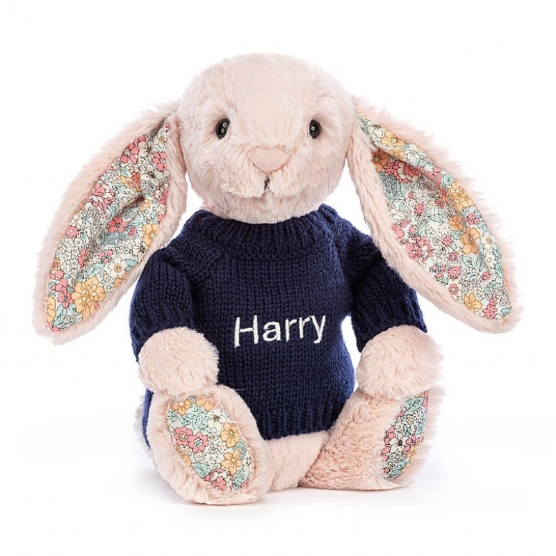 Jellycat Blossom Blush Bunny with Personalised Navy Jumper Medium | 624197-XJK