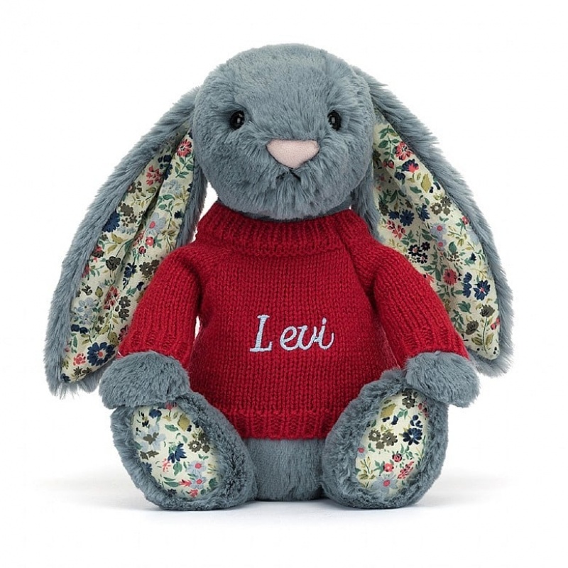 Jellycat Blossom Dusky Blue Bunny with Personalised Red Jumper Medium | 590872-JQX