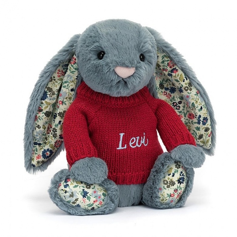 Jellycat Blossom Dusky Blue Bunny with Personalised Red Jumper Medium | 590872-JQX