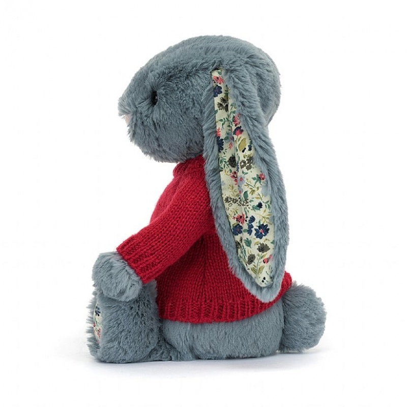 Jellycat Blossom Dusky Blue Bunny with Personalised Red Jumper Medium | 082964-NVL