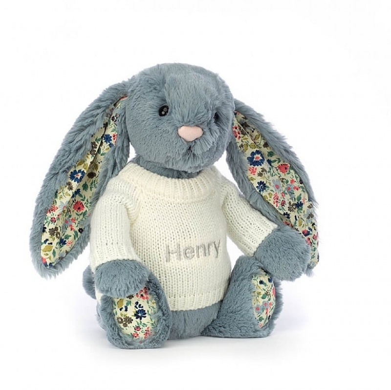 Jellycat Blossom Dusky Blue with Personalised Cream Jumper Medium | 530462-BKU