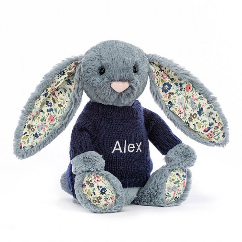 Jellycat Blossom Dusky Blue with Personalised Navy Jumper Medium | 483726-RKL