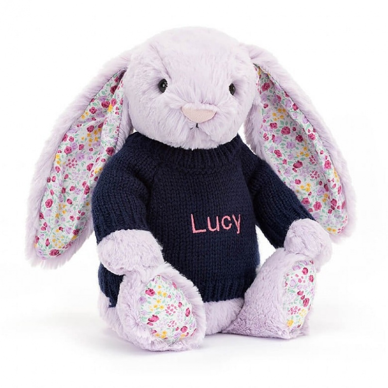 Jellycat Blossom Jasmine Bunny with Personalised Navy Jumper Medium | 317482-CVN